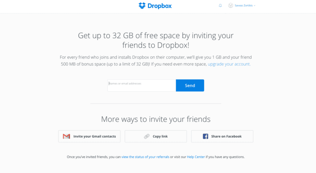Referral program example Dropbox