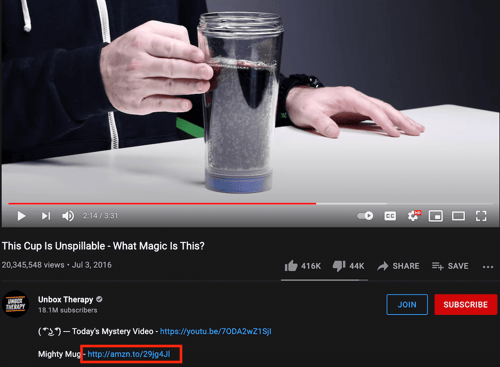 Affiliate link in YouTube video from Unbox Therapy