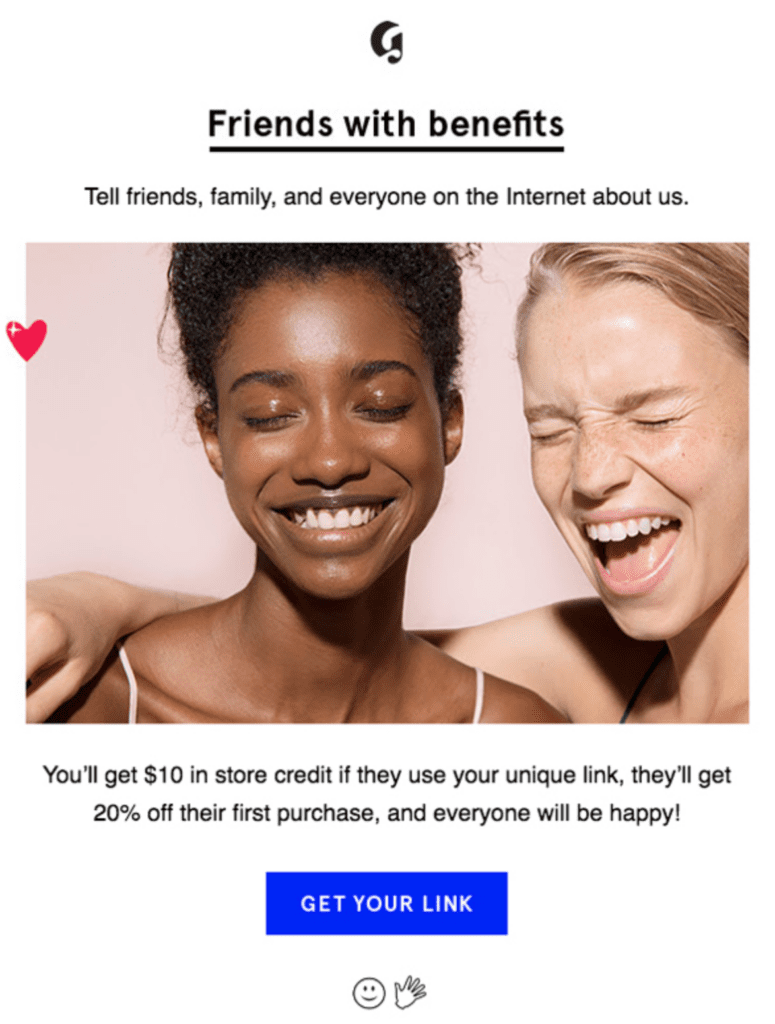 Glossier referral program email promotion